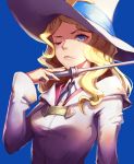  1girl blonde_hair blue_eyes diana_cavendish eyebrows_visible_through_hair hat holding holding_wand little_witch_academia long_hair looking_at_viewer mool_yuegang one_eye_closed solo upper_body wand white_hat 