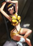  1girl armpits arms_up boots bound bound_wrists breasts cleavage cowboy_bebop faye_valentine goomrrat green_eyes hairband key legs_crossed looking_at_viewer medium_breasts mouth_hold navel open_fly orange_hairband purple_hair short_shorts shorts sitting smile solo stomach suspenders thigh-highs yellow_hairband 