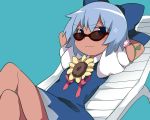  &gt;:3 1girl :3 arms_behind_head arms_up bespectacled blue_bow blue_dress blue_eyes blue_hair bow cirno closed_mouth commentary dress flower glasses hair_bow hammer_(sunset_beach) hidden_star_in_four_seasons legs_crossed looking_at_viewer looking_over_glasses puffy_short_sleeves puffy_sleeves revision short_hair short_sleeves smile smug solo sparkle sunflower sunglasses tan tanned_cirno touhou 