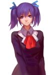  1girl blue_ribbon blush character_request d.gray-man doren eyebrows_visible_through_hair hair_ribbon highres looking_at_viewer parted_lips purple_hair ribbon short_hair short_twintails smile solo teeth twintails upper_body violet_eyes 