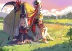  absurdres anklet barefoot black_hair character_request closed_eyes clouds day flower grass hakudouji hat hay_bale highres japanese_clothes jewelry looking_at_viewer miko onmyoji open_mouth outdoors pink_sky scythe shoufu sitting white_hair wide_sleeves yellow_eyes 