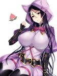  1girl anoshabu breasts fate_(series) fingerless_gloves gloves hips hood hoodie large_breasts light_smile long_hair minamoto_no_raikou_(fate/grand_order) purple_hair simple_background sitting solo very_long_hair violet_eyes white_background 