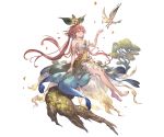  1girl bare_shoulders barefoot bird branch brown_eyes character_request collarbone dress full_body granblue_fantasy leaf long_hair minaba_hideo navel navel_cutout official_art petals pink_hair pointy_ears sitting smile solo strapless strapless_dress transparent_background 