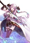  1girl black_gloves black_legwear blue_eyes blush braid breasts coat contrapposto doraf fingerless_gloves gloves granblue_fantasy hair_ornament hair_over_one_eye holding holding_sword holding_weapon horns katana large_breasts long_hair looking_at_viewer mismatched_legwear narumeia_(granblue_fantasy) parted_lips pointy_ears purple_hair sheath solo sword tanaka_(colorcorn) tareme thigh-highs thigh_strap thighs unsheathed weapon zettai_ryouiki 