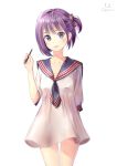  1girl artist_name bow cowboy_shot dress hair_bow highres la_campanella looking_at_viewer open_mouth original purple_hair sailor_dress see-through short_hair side_ponytail smile solo stylus violet_eyes white_background 