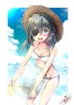  10s 1girl 2017 beach bikini dated day eyepatch green_eyes grey_hair hat kantai_collection kiso_(kantai_collection) looking_at_viewer low_twintails open_mouth outdoors short_hair signature solo sun_hat swimsuit twintails white_bikini yuihira_asu 