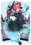 1girl animal_ears bangs black_skirt bow braid cat_ears cat_tail eyebrows_visible_through_hair frilled_skirt frills full_body gate green_bow hair_bow highres kaenbyou_rin long_hair long_sleeves looking_at_viewer maru-pen puffy_long_sleeves puffy_sleeves red_eyes redhead skirt skull smile solo standing standing_on_one_leg tail touhou twin_braids 