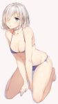  10s 1girl :o absurdres bare_shoulders between_legs bikini blue_bikini blue_eyes breasts choker cleavage collarbone glint groin hair_ornament hair_over_one_eye hairclip hamakaze_(kantai_collection) highres kantai_collection kneeling looking_at_viewer medium_breasts nail_polish navel open_mouth rurikoma shiny shiny_skin short_hair side-tie_bikini silver_hair simple_background solo swimsuit white_background 