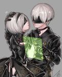  1boy 1girl afuro26 black_dress black_hairband blindfold choker covered_eyes dress feather-trimmed_sleeves gloves hairband juliet_sleeves long_sleeves mole mole_under_mouth nier_(series) nier_automata puffy_sleeves ribbed_dress short_hair silver_hair white_hair yorha_no._2_type_b yorha_no._9_type_s younger 