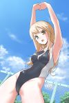  1girl armpits arms_up blonde_hair breasts brown_eyes clouds hands_together highres hikaru_ga_chikyuu_ni_itakoro long_hair open_mouth shikibu_honoka shingyo sky solo swimsuit wet 