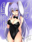  1girl arm_behind_back bare_shoulders black_bow black_bowtie blush bow bowtie breasts cleavage commentary_request covered_navel detached_collar hair_between_eyes hand_on_own_chest large_breasts long_hair reisen_udongein_inaba sketch solo tirotata touhou translation_request very_long_hair wrist_cuffs 