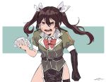  &gt;:o 10s 1girl :o blue_background bow bowtie brown_eyes brown_hair clenched_hand commentary_request cowboy_shot crying crying_with_eyes_open elbow_gloves gloves hair_ribbon highres ice_pack kantai_collection long_hair pelvic_curtain remodel_(kantai_collection) ribbon signature single_glove solo tears tone_(kantai_collection) torunadopoteto twintails two-tone_background white_background 