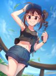 1girl :d ahoge armpits backpack bag bangs bare_shoulders black_skirt blue_hat blue_sky breasts brown_hair cellphone clouds cowboy_shot day denim denim_shorts drill_hair dutch_angle from_below grass grin hair_ornament hair_scrunchie hand_on_headwear hand_up hat highres holding holding_phone idolmaster idolmaster_million_live! kamille_(vcx68) leaf leaves_in_wind long_hair looking_at_viewer midriff nail_polish navel open_mouth outdoors phone railing scrunchie shirt shorts side_ponytail sidelocks skirt sky sleeveless sleeveless_shirt small_breasts smartphone smile solo standing standing_on_one_leg violet_eyes water wind wristband yokoyama_nao 