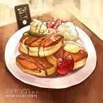  artist_name english food fruit nadia_kim no_humans original pastry strawberry syrup table 