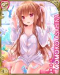  1girl arms_up asahina_momoko barefoot bed bird brown_hair candy card_(medium) character_name curtains dress_shirt eating feathers food girlfriend_(kari) long_hair mouth_hold no_pants official_art open_mouth pillow qp:flapper red_eyes ribbon shirt side_ponytail sitting sleeves_past_wrists smile unbuttoned white_shirt window 