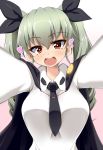  1girl anchovy black_necktie black_ribbon blush breasts brown_hair capelet drill_hair eyebrows_visible_through_hair girls_und_panzer green_hair hair_ribbon heart large_breasts long_hair long_sleeves looking_at_viewer necktie open_mouth ribbon smile solo teeth twintails upper_body usami_akane 