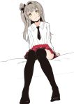  1girl bangs black_legwear blouse closed_mouth cowlick eyebrows_visible_through_hair frills grey_hair knees_together_feet_apart long_hair long_sleeves looking_at_viewer love_live! love_live!_school_idol_project minami_kotori one_side_up red_skirt simple_background skirt solo tanaka_(colorcorn) tareme thigh-highs white_background white_blouse yellow_eyes 