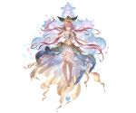  1girl bare_shoulders barefoot brown_eyes character_request collarbone dress full_body granblue_fantasy leaf long_hair minaba_hideo navel navel_cutout official_art petals pink_hair pointy_ears see-through smile solo strapless strapless_dress transparent_background 