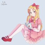  1girl blonde_hair book bow brown_eyes dress drill_hair eromanga_sensei form_side full_body hairband la_campanella lolita_fashion long_hair looking_at_viewer pink_dress pointy_ears red_bow red_shoes shoes sitting smile solo twin_drills yamada_elf 