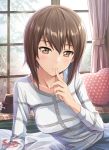  1girl bangs blush breasts brown_eyes brown_hair finger_to_mouth girls_und_panzer looking_at_viewer nishizumi_maho parted_lips shamakho short_hair solo watermark window 