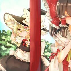  2girls apron blonde_hair blurry blush bow braid brown_hair closed_eyes depth_of_field detached_sleeves frilled_shirt_collar frilled_skirt frills hair_bow hair_ribbon hair_tubes hakurei_reimu hand_on_headwear hat kirisame_marisa kosencha large_bow long_hair multiple_girls puffy_short_sleeves puffy_sleeves ribbon ribbon-trimmed_sleeves ribbon_trim short_sleeves shy side_braid single_braid skirt touhou waist_apron wide_sleeves witch_hat yellow_eyes yuri 