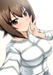  1girl blush breasts brown_eyes brown_hair buttons collarbone diesel-turbo girls_und_panzer impossible_clothes impossible_shirt long_sleeves looking_at_viewer medium_breasts nishizumi_maho shiny shiny_hair shirt short_hair simple_background smile solo striped striped_shirt v white_background 