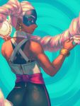  1girl arms_(game) ass bare_shoulders bellhenge bracelet breasts dark_skin drill_hair earrings jewelry lips long_hair looking_at_viewer mask pants pink_hair smile solo twin_drills twintails twintelle_(arms) very_long_hair 
