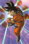  1boy black_eyes black_hair boots dougi dragon_ball dragon_ball_(object) energy energy_ball fighting_stance kamehameha looking_at_viewer official_art open_mouth purple_background serious short_hair solo son_gokuu spiky_hair wristband 