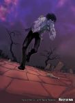  1boy bat black_hair blue_skin copyright_name force_of_will full_body glowing glowing_eyes male_focus miyagekko official_art open_mouth rat sky solo teeth tombstone torn_clothes tree violet_eyes zombie 