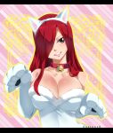  1girl absurdres animal_ears bare_shoulders bell bell_collar breasts brown_eyes cat_ears cat_paws cleavage collar erza_scarlet fairy_tail gaston18 grin hair_over_one_eye highres long_hair looking_at_viewer paws redhead smile solo teeth 