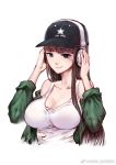  1girl artist_request bangs baseball_cap blunt_bangs breasts brown_hair cleavage closed_mouth collarbone eyebrows_visible_through_hair green_eyes hands_on_headphones hat headphones large_breasts long_hair off_shoulder original sidelocks simple_background sleeves_rolled_up smile solo tank_top torn_clothes upper_body watermark white_background 