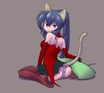  &gt;:&lt; 1girl animal_ears ass blue_hair breasts cat_ears cat_tail closed_mouth dress elbow_gloves formerly gloves long_hair medium_breasts noihara_himari omamori_himari panties ponytail red_dress red_gloves sitting solo tail thigh-highs underwear violet_eyes 