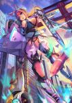  1girl ahoge animal_ears armor bangs blonde_hair blue_eyes breasts building city cleavage clouds evening fake_animal_ears floral_print flying fox from_below gradient_sky hair_between_eyes hair_ornament head_tilt highres holding holding_weapon long_hair looking_at_viewer mecha_musume mechanical_parts medium_breasts open_mouth original outdoors ponytail rocket sky sleeveless solo sunga2usagi sunset torii weapon 
