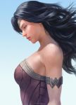  1girl armlet armor artist_name bare_shoulders black_hair blue_sky breasts dc_comics from_side gradient gradient_background kamiyamark large_breasts looking_down parted_lips realistic revision signature sky solo strapless superhero tiara upper_body wonder_woman wonder_woman_(series) 