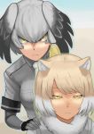  2girls animal_ears bangs black_gloves black_hair blonde_hair breasts commentary_request eyebrows_visible_through_hair fox_ears fur_collar gloves grey_hair grey_shirt hair_between_eyes head_wings kemono_friends long_hair looking_at_viewer low_ponytail multicolored_hair multiple_girls necktie sengoku64 shirt shoebill_(kemono_friends) short_hair short_sleeves side_ponytail tibetan_sand_fox_(kemono_friends) two-tone_hair white_hair white_necktie yellow_eyes 