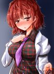  1girl arm_strap black_shirt blush breasts collared_shirt highres horikawa_raiko jacket looking_at_viewer medium_breasts necktie nose_blush open_clothes open_jacket oshiaki plaid plaid_shirt pov purple_necktie red_eyes redhead shirt short_hair solo touhou upper_body wavy_hair white_jacket 