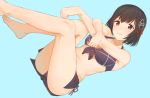  10s 1girl adapted_costume aqua_background barefoot bikini bikini_skirt black_hair brown_eyes dutch_angle erubesuto feet front-tie_top haguro_(kantai_collection) hair_ornament kantai_collection purple_bikini short_hair side-tie_bikini simple_background solo swimsuit 