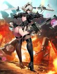  1girl ass black_dress blindfold boots destruction dress explosion feather-trimmed_sleeves genzoman hairband huge_weapon leotard leotard_under_clothes looking_back nier_(series) nier_automata short_hair silver_hair solo sword thigh-highs thigh_boots weapon yorha_no._2_type_b 