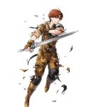  1boy boots brown_eyes brown_hair fingerless_gloves fire_emblem fire_emblem_echoes:_mou_hitori_no_eiyuuou fire_emblem_heroes full_body gloves highres injury male_focus official_art solo sword teeth tobin_(fire_emblem) torn_clothes transparent_background weapon 
