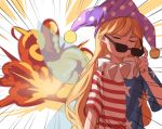  1girl american_flag_dress bangs blonde_hair closed_eyes clownpiece explosion fairy_wings hat jester_cap long_hair mefomefo neck_ruff polka_dot solo star star_print striped sunglasses touhou very_long_hair wings 