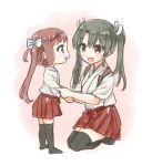  2girls adjusting_clothes asagumo_(kantai_collection) blush bow brown_eyes brown_hair green_hair grey_eyes hair_bow hair_ribbon hair_rings japanese_clothes kantai_collection long_hair multiple_girls nontraditional_miko nuno_(pppompon) pleated_skirt ribbon ribbon-trimmed_skirt ribbon_trim seiza simple_background sitting skirt smile teeth thigh-highs very_long_hair younger zuikaku_(kantai_collection) 