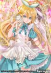  1girl alice_(wonderland) alice_(wonderland)_(cosplay) apron blonde_hair blue_dress blue_eyes bow cat closed_mouth cosplay dress force_of_will frilled_dress frills frown hair_bow long_hair looking_at_viewer mirror puffy_sleeves skirt_hold solo tagme thigh-highs white_cat 