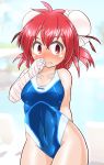  1girl bandage blue_swimsuit blush bun_cover competition_swimsuit cowboy_shot double_bun hair_bun ibaraki_kasen one-piece_swimsuit red_eyes redhead short_hair solo standing swimsuit touhou white_background winn 