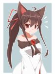  1girl ahoge animal_ears ao_(aoblueao) breasts brooch brown_hair collarbone dress hair_ornament hair_ribbon imaizumi_kagerou jewelry long_hair long_sleeves looking_at_viewer off_shoulder ponytail red_eyes ribbon solo touhou very_long_hair wide_sleeves wolf_ears 