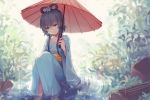  1girl backlighting bangs blue_flower blue_kimono bush closed_mouth collarbone commentary_request day flower full_body furisode green_eyes grey_hair hair_flower hair_ornament hair_rings half-closed_eyes holding holding_umbrella japanese_clothes kimono long_sleeves looking_down luo_tianyi mujun_atama obi oriental_umbrella outdoors pink_umbrella rain ripples rock sash short_hair_with_long_locks sitting solo umbrella vocaloid vocanese water wide_sleeves 
