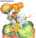  1girl :d bank_of_innovation bracelet cryptract dress green_dress hair_bun head_wreath holding holding_staff jewelry looking_at_viewer midriff open_mouth orange_flowers orange_hair petals puffy_sleeves smile solo staff standing yellow_eyes 