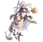  1girl alternate_costume athenawyrm bikini boots brown_boots brown_gloves cloak commentary female_my_unit_(fire_emblem:_kakusei) fire_emblem fire_emblem:_kakusei fire_emblem_heroes fish fishing_net gloves jacket_on_shoulders looking_at_viewer my_unit_(fire_emblem:_kakusei) navel o-ring_bikini o-ring_top octopus polearm silver_hair simple_background smile solo stomach swimsuit thigh_strap trident twintails weapon 