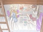  &gt;_&lt; 2girls bed blonde_hair brown_hair bunk_bed closed_eyes diana_cavendish hand_on_own_cheek high_ponytail kagari_atsuko little_witch_academia long_hair mukiki multiple_girls poster sketch spread_legs 