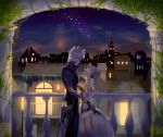  1boy 1girl add_(elsword) black_pants bracelet couple dress earrings elsword eve_(elsword) eye_contact from_side highres jewelry long_hair looking_at_another looking_up night outdoors pants silver_hair sky spiky_hair star_(sky) starry_sky strapless strapless_dress white_dress yellow_eyes 