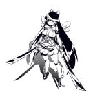  1girl ankle_boots ankle_wings bangs bare_legs belt blunt_bangs boots bow breasts dual_wielding full_body greyscale hair_bow heart high_heels highres large_breasts long_hair mini_wings miniskirt monochrome panty_&amp;_stocking_with_garterbelt pleated_skirt skirt smile solo stocking_(psg) sword typo_(requiemdusk) very_long_hair weapon 